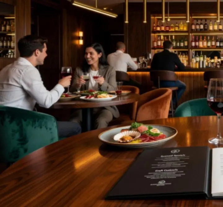 Nowoczesne wnętrze baru i restauracji Di Piu MAGDALENA SIERAJ z podświetlonym barem oraz stolikami przygotowanymi pod wieczorne menu