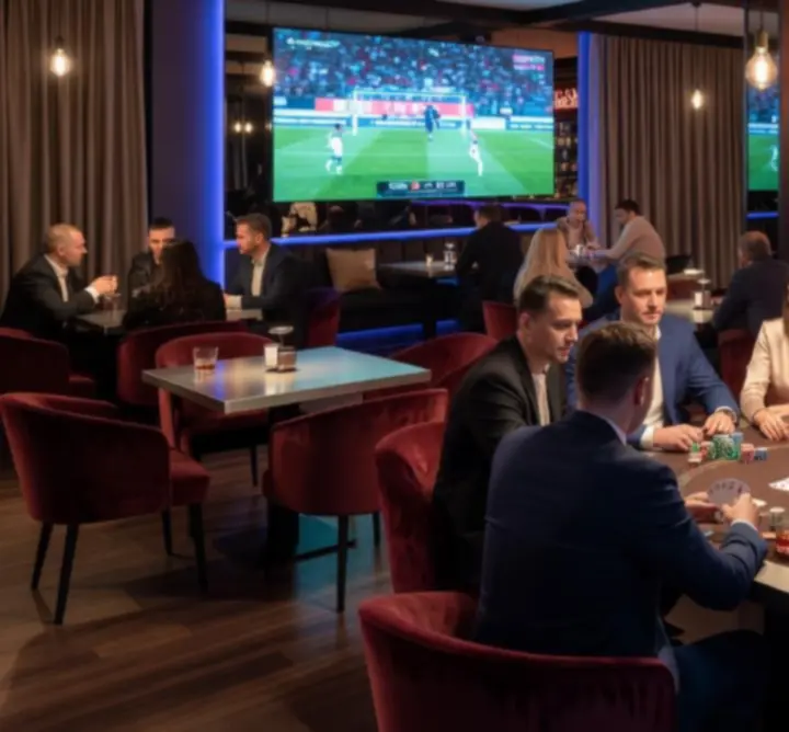 Wnętrze strefy Poker Lounge z profesjonalnymi stołami