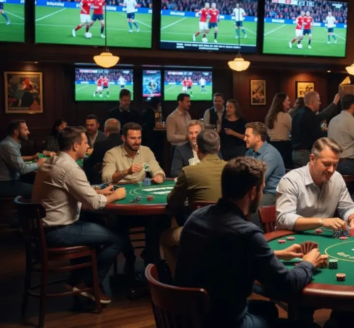 Strefa pokerowa z ekranami pokazującymi wydarzenia sportowe